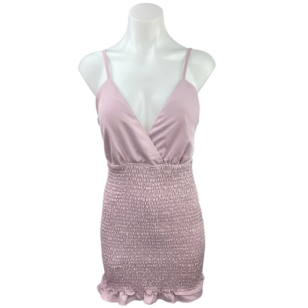 Superdown Natalia Lavender Pink V-neck Strap Smocked Ruffle Mini Bodycon Dress S
